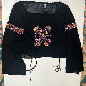 Vintage sheer embroidered top tie waist tie, neck